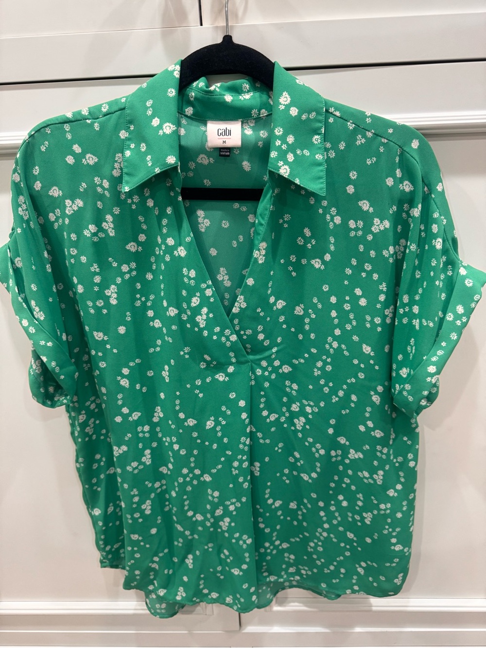 CAbi Green Floral V-Neck Button Blouse